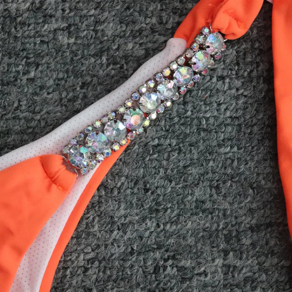 Luxury Rhinestone Bikini Women 2025 Sexy Orange Yellow Crystal Diamond Push Up Thong Swimsuit Beach Bathing Suit Tanga Swimwear