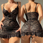 Lace Splicing Perspective Sexy Lingerie Set Erotic Crotchless Sleepwear Pajamas Set Lace Night Dress Nightgown G-string