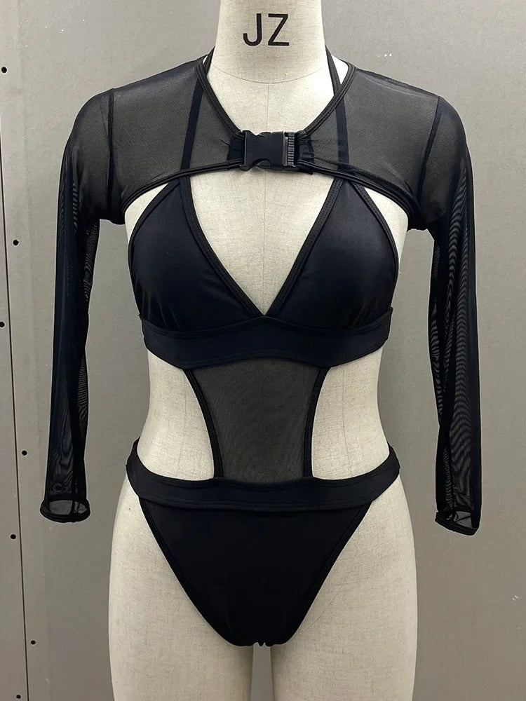 Neon Long Sleeve High Cut Out Women Swimwear One Piece Swimsuit Female Mesh Monokini Bather Bathing Suit Swim Lady Beachwear