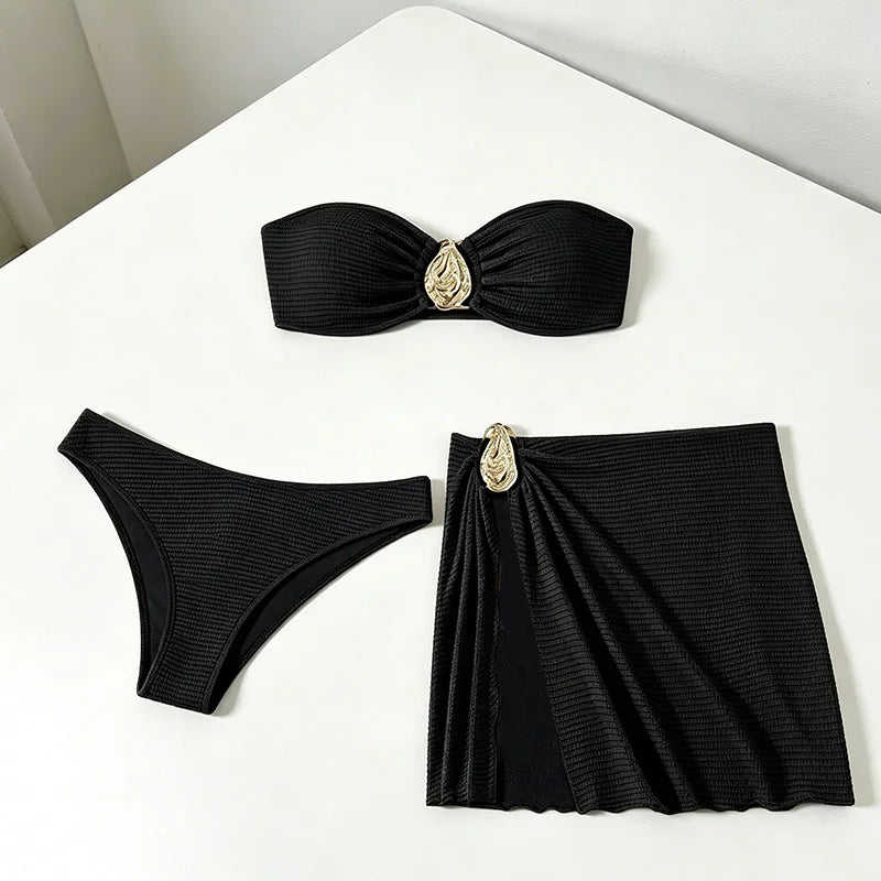 2026 Sexy Bikini Women Coffee Metal Water Droplet Ornament Push Up Mesh Skirt 3 Piece Swimsuit Beach Bathing Suit Swimwear