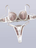 White Iridescent Peacock Feather Embroidered Lace Bra and Panty Set Women Sexy Sheer Mesh Underwear Two Piece
