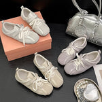 Women Ballet Style Flat Sneakers Dual Strap Decor Lace‑Up Soft Sole Lightweight Breathable Daily Casual Walking Fashion Shoes