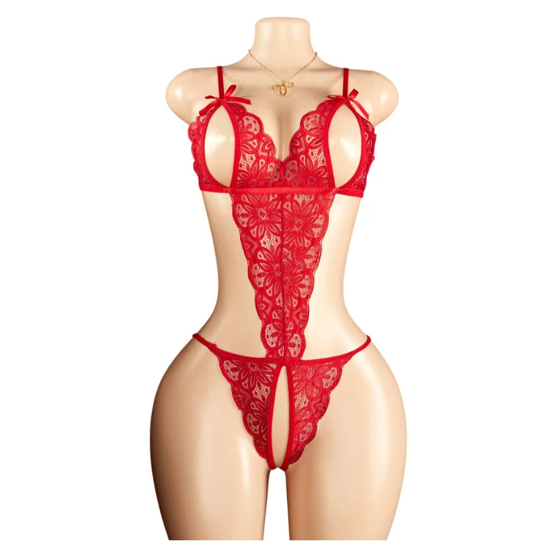 Sexy Red Crotchless Lingerie Open Back Bras BodySuits Transparent Erotic Costumes Deep VSexy Lace Fishnet Hollow Underwear Set