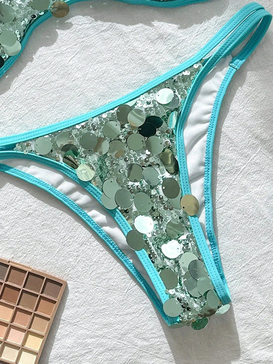 Glitter Sparkling Squins Halter Bikini Women Swimsuit Female Swimwear Two-pieces Bikini Set High Leg Cut Bathing Suit Swim Lady