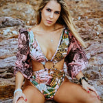 One Piece Swimsuit Sexy Long Sleeve Tropical Print Swimwear Women Bandage Monokini Hollow Out Bathing Suit String Beachwear 2023