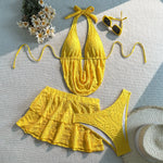 Sexy Yellow Push Up Tassel Crop Top High Waist Swimsuit Swimwear Women Beach Holiday Bathing Suit Skirt 3 Piece Bikini Set 2026