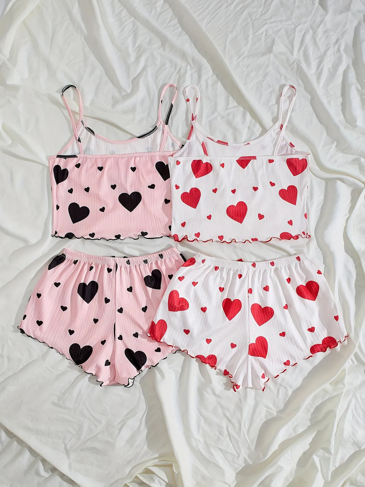 Women Heart Print Ribbed Pajama Set Sleeveless Cami Top and Ruffle Shorts Summer Two Piece Loungewear Sleepwear