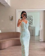 Sexy Elegant Flower Print Slim Long Dresses Women V-neck Low Cut Leace-up Backless Package Hip Bodycon Sleeveless Dress Female