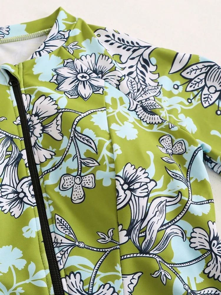 Vintage Green Leaves Print One Piece Swimsuit Long Skirt Sets Women Long Sleeve Zipper Slim Fit Bathing Suit Surf Swimwear 2026