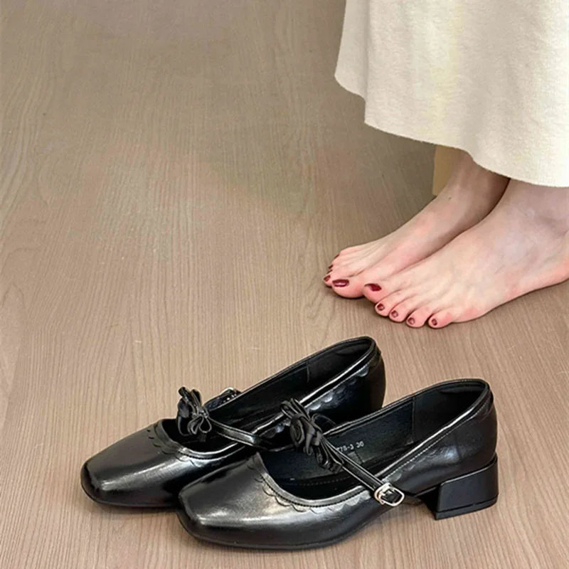 2026 Floral Rose Women Mary Jane Shoes Fashion Buckle Strap Thick Heel Shoes Ladies Elegant Daily Wedding Leather Dress Pumps