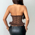 Women Corset Vest Sexy See Through Dot Print Lace Trim Club Wear Fishbone Tank Top Strapless Buckle Tie Rope Perspective Tops