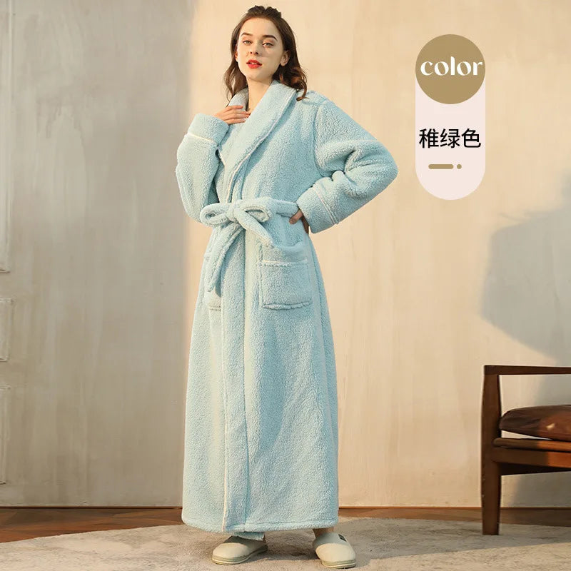 Autumn Winter Flannel Plus Size Robe Pajamas Thick Cozy Fleece Couple Bathrobe, Men Women Long Warm Loungewear,