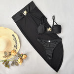 Sexy Meal Starfish Designer Bikinis Sets Women Black Push Up Buckle Mesh Skirt 3 Piece Swimsuit Beach Bathing Suit Swimwear 2025
