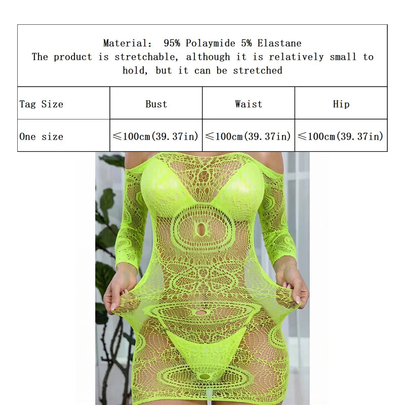 1 PC Women Sheer Mesh Long Sleeve Beach Cover Up Sexy See-Through Fishnet Bodycon Dress for Summer No Bikini Included
