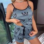 Women’s Satin Spaghetti Strap Pajama Set, Crown-Print Two-Piece Sleepwear, Soft & Comfortable Nightwear, Cute Loungewear