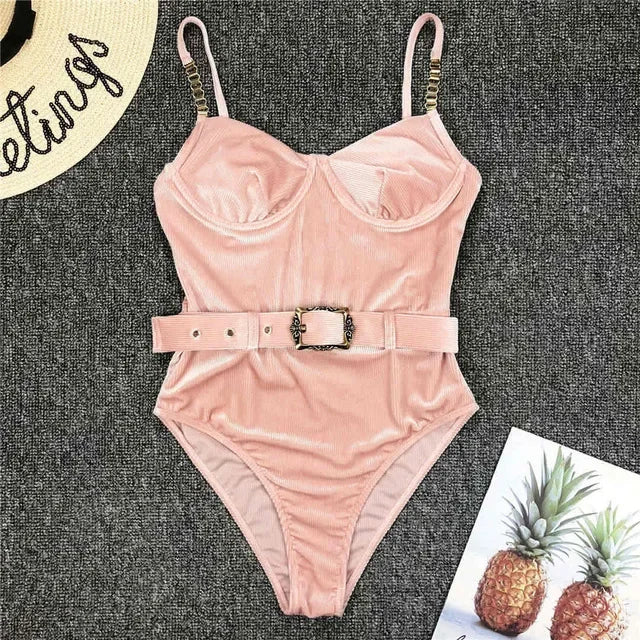 Ribbed Push up Underwired Metal Chain Women Swimwear One Piece Swimsuit Female Waist Belt Monokini Bather Bathing Suit Swim Lady