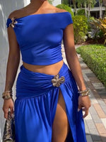 Summer Skirt Set Women Metal Flower Sexy Off Shoulder Slim Crop Top High Slit Skirt Sets Fashion Backless Pleated 2 Piece Suits