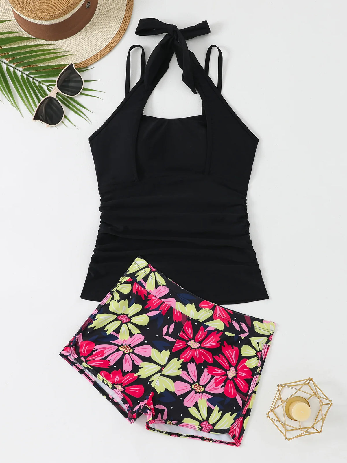 New Floral Print Tankini Sets Swimwear Halter Women Two Pieces Swimsuit Summer Slimming Sporty High Waisted Bathing Suits Shorts