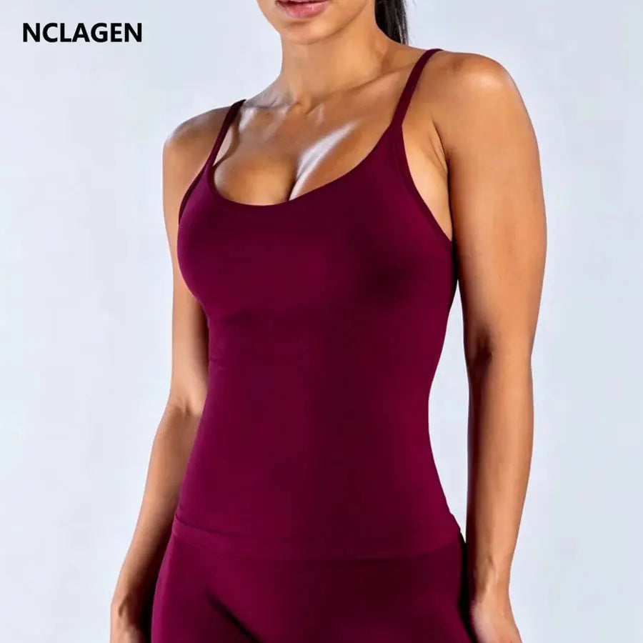 NCLAGEN Women's Pilates Tank Top Gym Clothes Yoga vest with built in bra Thin Strap Seamless Fitness Sportswear Workout Tops