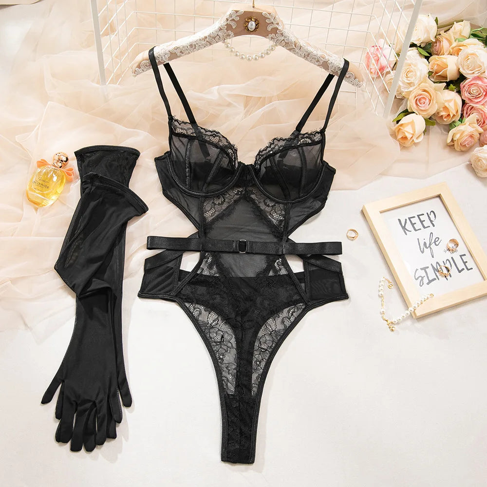 Women's Sexy Black Lace See-Through Jumpsuit - Hollow Mesh Shapewear Bodysuit for Special Occasions