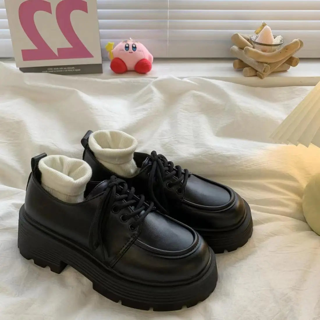 Women's Platform Oxford Shoes, Lace Up Thick Sole Preppy Dress Shoes, Black Round Toe Casual Leather Shoes for School Daily Wear