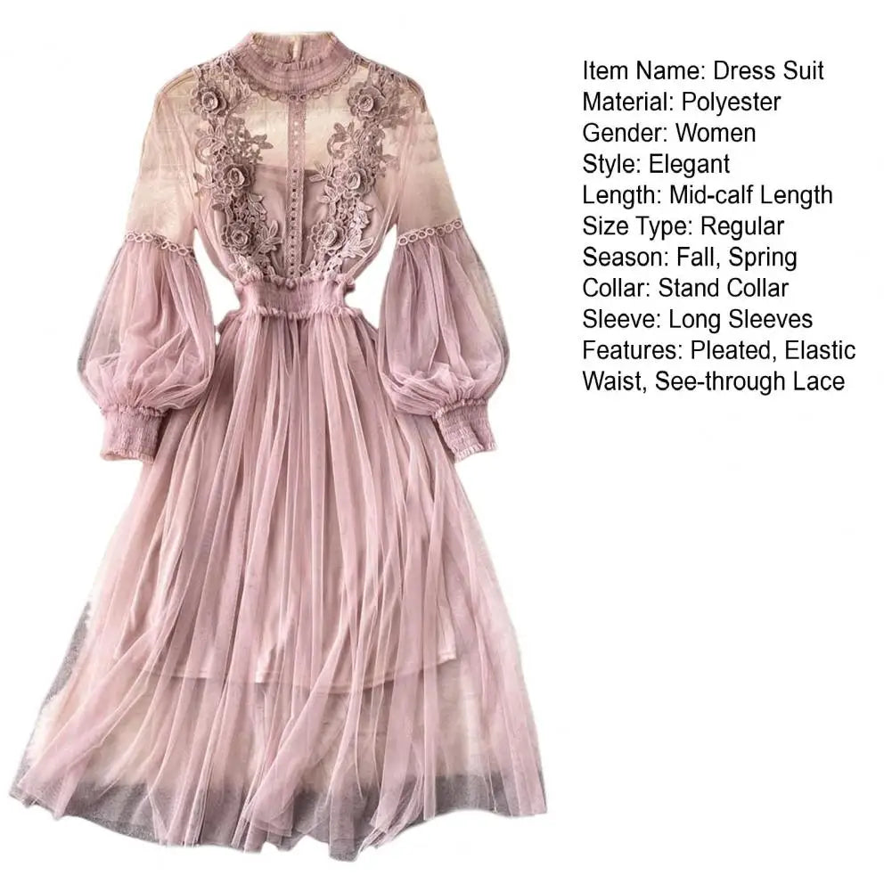 2 Pcs/Set Women Dress Suit Floral Embroidery See-through Lace Lantern Sleeves Pleated A-line Elastic Waist Dress Slip Dress Suit