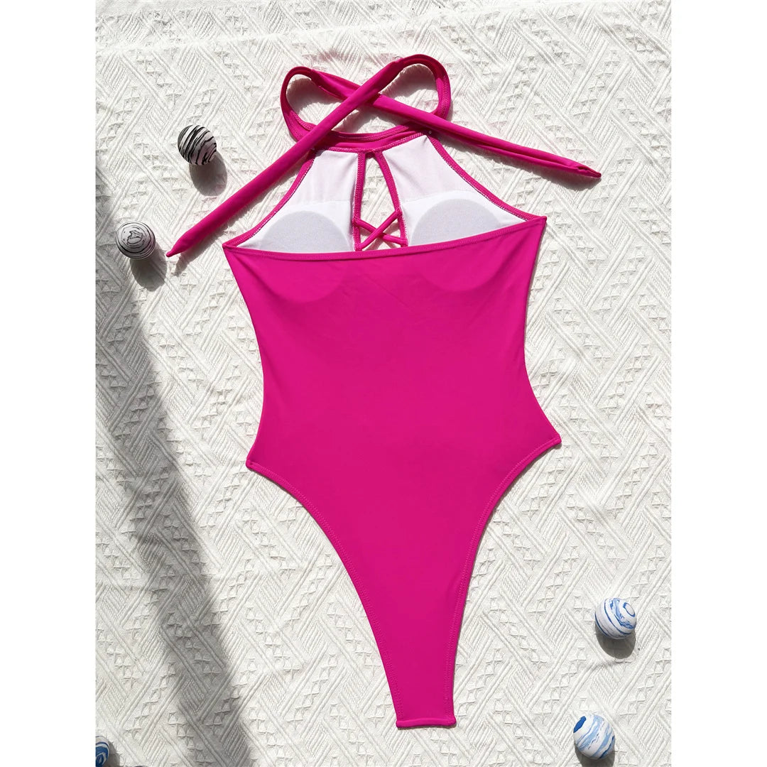 S - XL 7 Colors Lace Up High Neck Full Back Women Swimwear One Piece Swimsuit Female High Leg Cut Bather Bathing Suit Swim V6272