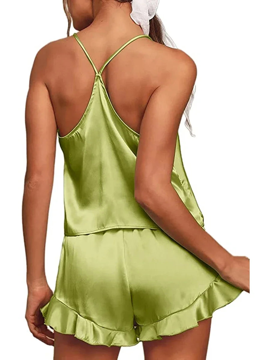 2 Piece Sets Women Nightwear Solid Color Sleeveless Camisole Tops + Ruffle Shorts Sets Summer Pajama Set Loungewear
