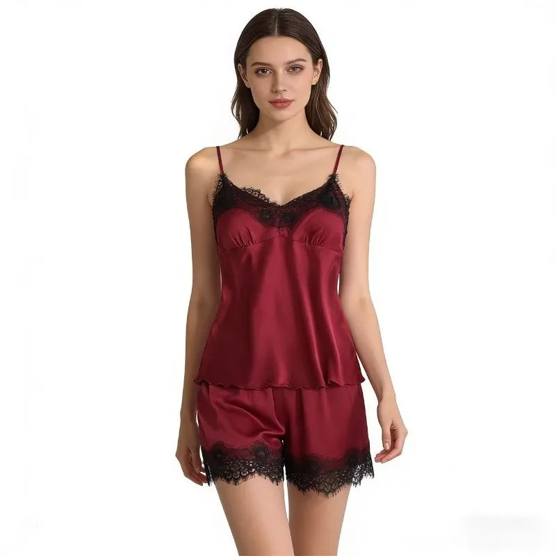 New Women Pajama V-Neck Lace Suit Fashion Sexy Lingerie Pyjamas Sleep Shorts Set Sleepwear No Padded