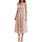 Sexy Low Cut Spaghetti Strap Maxi Dresses For Women Color Flower Printed Chest Wrap Bowknot Leace-up Long Dress Elegant Vestidos