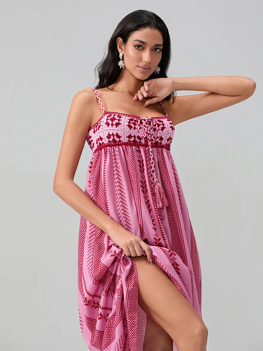 Women Summer Sleeveless Flowy Dress Geometric Print Knit Corset Ruffle A-line Long Dress Casual Party Bohemian Streetwear