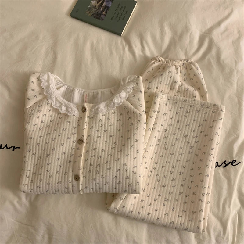 Plus Size Air Cotton Long Sve Thiened Cotton Lace Floral Home Clothes Set for Women Sweet Sle Autumn Winter Pjamas for Women