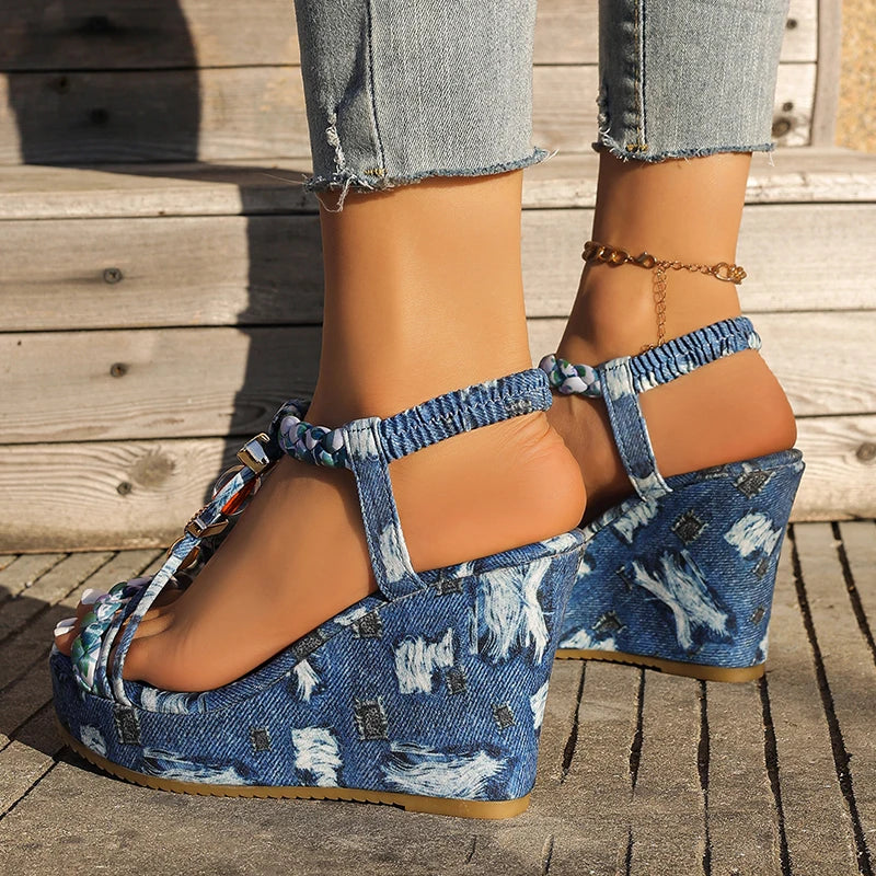 Bohemian Style Printed Wedges Sandals Women 2026 Summer Slip On Chunky Heels Sandles Woman High Heel Platform Sandalias Mujer