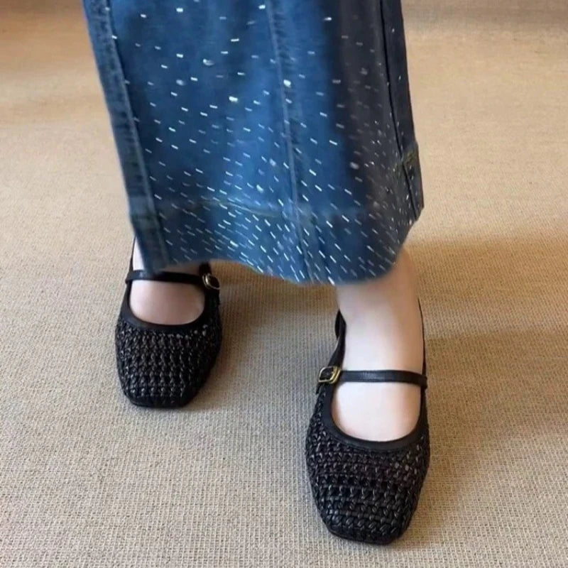 French Single Shoes Women Spring Summer Cutout Woven Square Toe Kitten Heel Block Heel Off-White Sandals