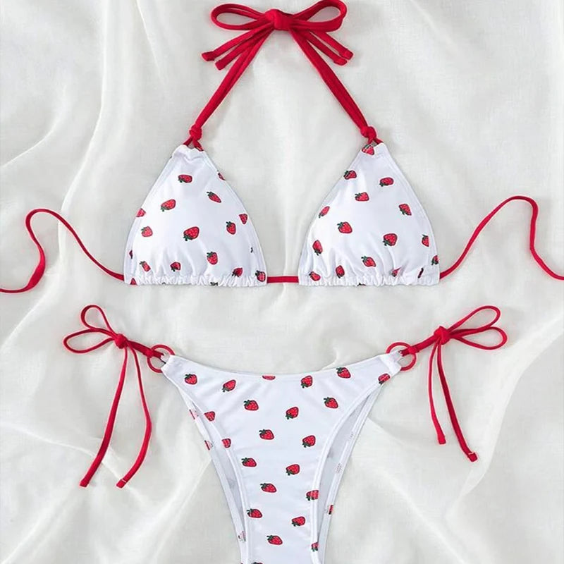 DEKA Women Cute Strawberries Print Bikini Set Sexy Thong Swimsuit Two Pieces Bathing Suit Swimwear