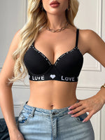 Ribbed Underwire Push Up Bra for Women Letter Trim Wide Side Support Comfortable Daily Lingerie