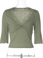 FDYOUI Women's T-shirt Tops Casual Fashion Lace Patchwork Green T Shirts Female Clothing V-neck Ruched Slim Crop Top Streetwear