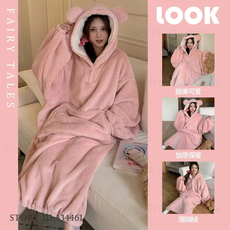 Thicken Flannel Cartoon Female Long Robe Hooded Nightgown Autumn Winter Sleepwear Home Clothes Loose Coral Fleece Warm Nightwear