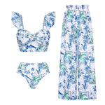 2024 Women Swimwear 2PC Cover-up Swimsuit Ruffle Solid Printed Deep V One-piece Monokini Kimono Bikini Suit Summer Beachwear