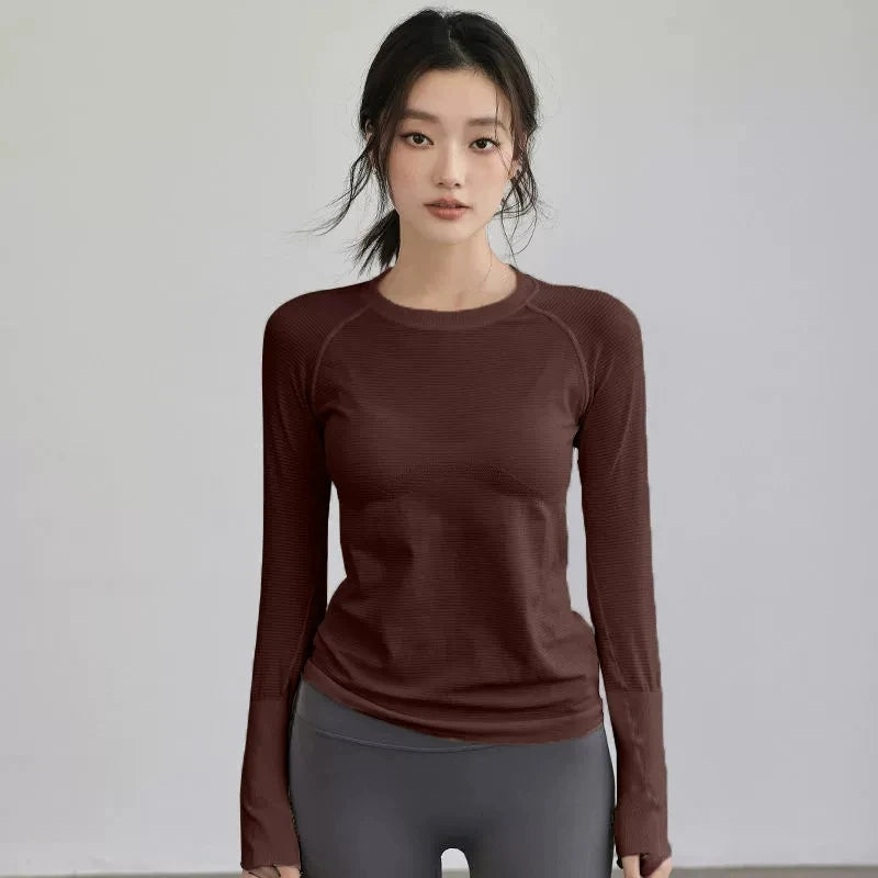 Women's Autumn & Winter Yoga Comprehensive Training Top High-Elastic Slim Crew Neck Quick-Dry Sports Long-Sleeve Fitness Clothes