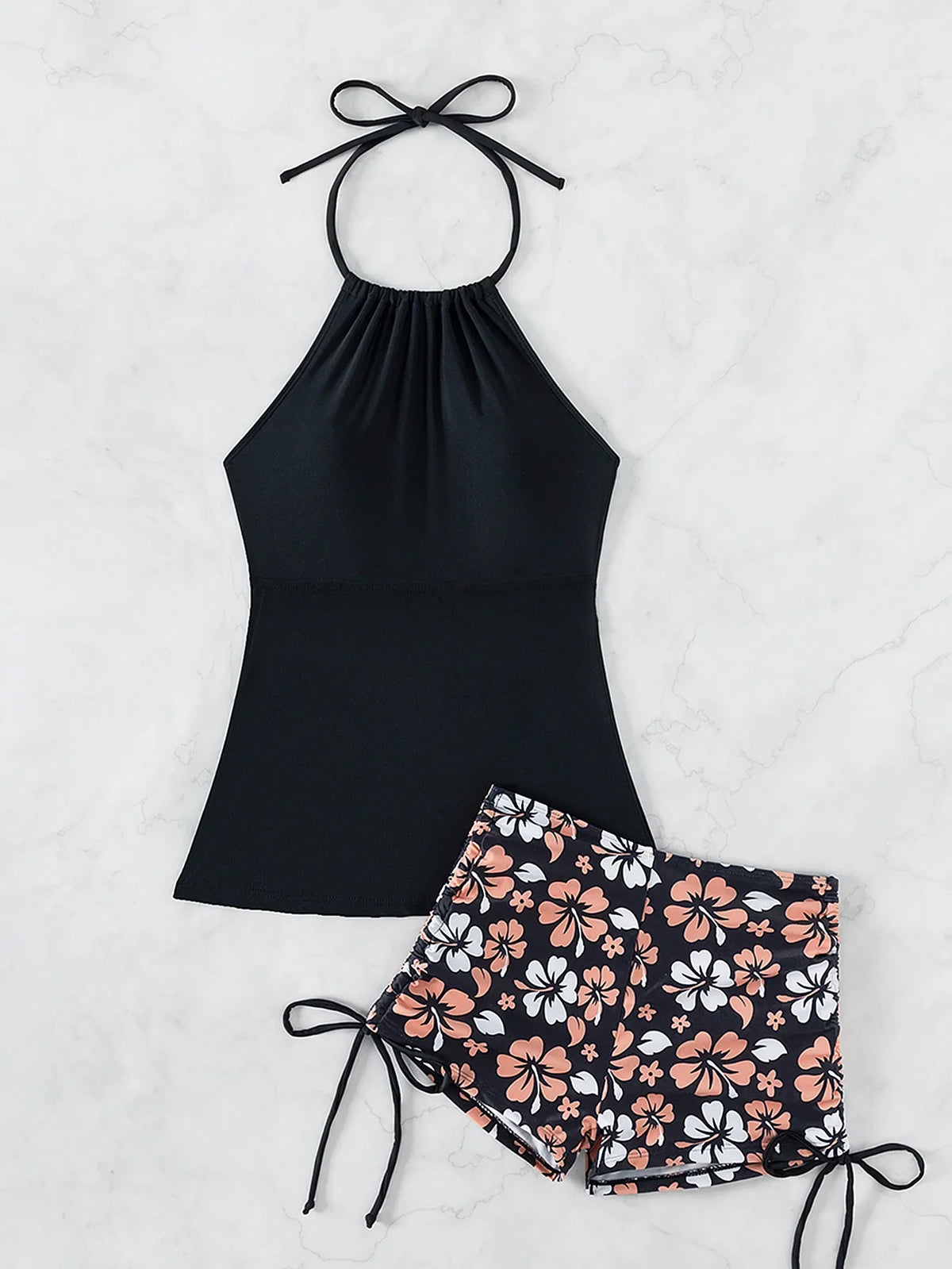 2026 Women's Bikini 2-piece Swimwear Tankini Set Sexy Halter Black Bathing SuitFloral Print Drawstring High Waist Swimsuit