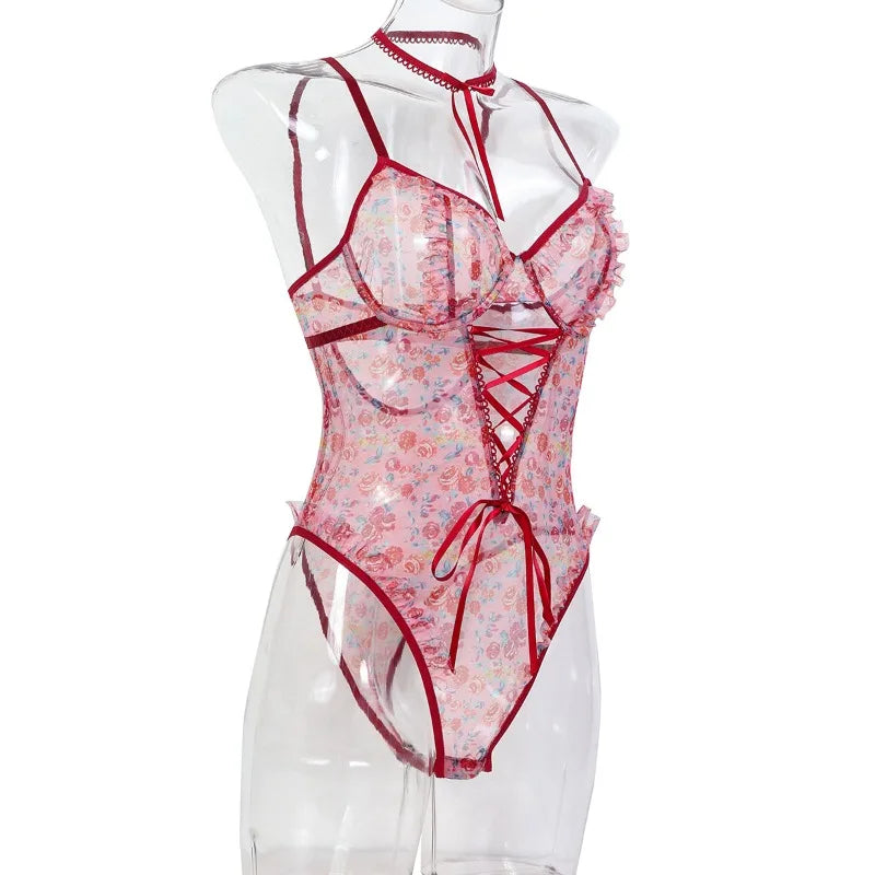 Toucheart Sexy Women Lace Backless InterestingBabydoll Bodysuit Wrap Dress High Waisted Printing Bow KnotBabydoll Bodysuit