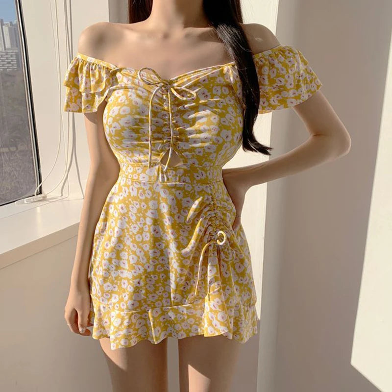 Vintage Blue Floral Print Korean Swimsuit Dress One Piece Swimwear Women 2026 Beach Wear Ruffled Drawstring Swimming Suit Bather