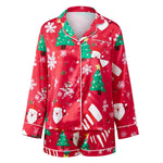 Women Satin 2 Piece Christmas Pajama Set Printed Long Sleeve Button-up Tops and Elastic Waist Shorts Summer Fall Sleepwear