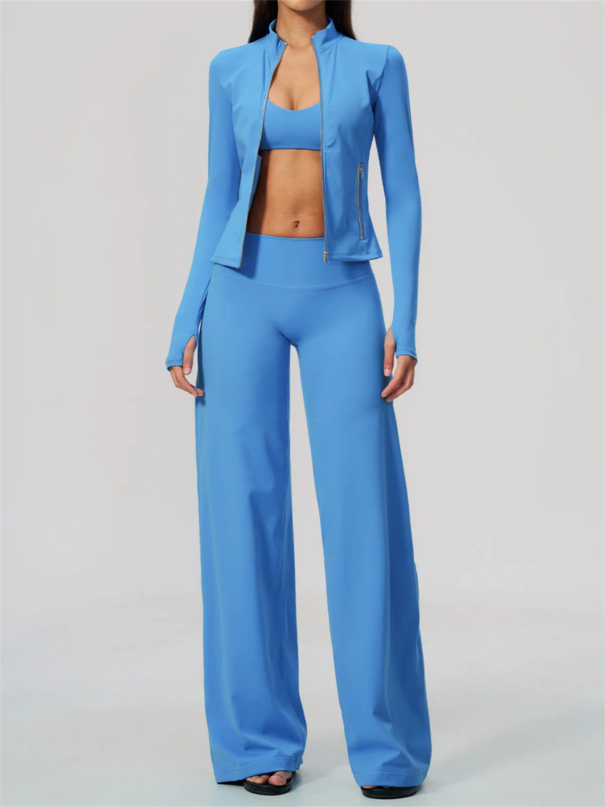 3 PCS Yoga Sets Women Long Sleeve Zipper Slim Jacket+sports Bra+high Waist Flare Pants Fitness Suits Gym Exercise Athletic Wear