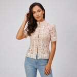 Summer Women's Retro Shirts Sheer Lace Blouse Elegant Stylish Button Down Short Sleeve Tops Casual Sexy