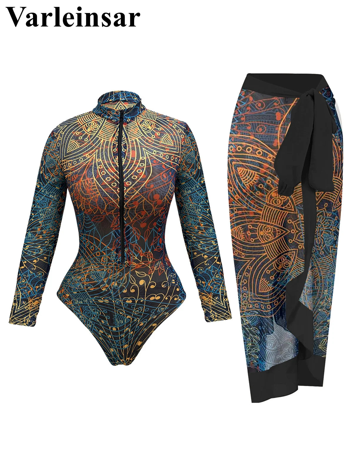 S - XXL New Printed Long Sleeve With Pants Sarong Shorts Women Swimwear One Piece Swimsuit Female Bather Bathing Suit Swim V8395