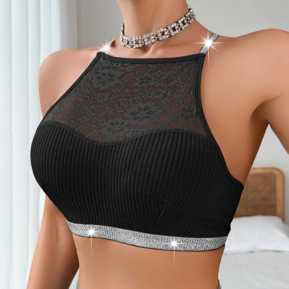 Women Vest Bra See-through Halter Neck Flower Backless Sports Style Knitted Elastic Crop Top Bra for Yoga Gym Running