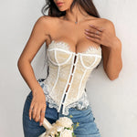 Y2K Street Tank Top Women Summer Lace Front Embroidery Floral Buttom Push Up Underwire Strapless Bandage Fishbone Vest