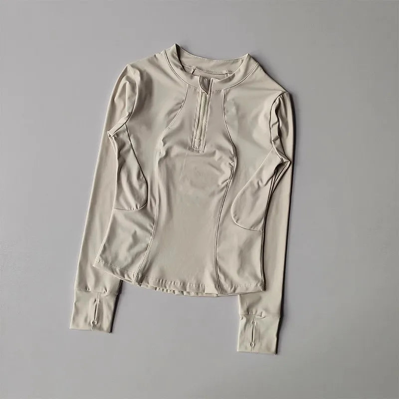 Women's Slim Fit Long Sleeved Yoga Exercise Top Elastic Half Zipper Fitness Suit for Active Wear